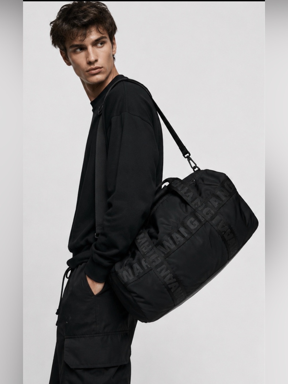 Alexander Wang Large Black Logo Dylan Nylon Weekender Duffle Gym Travel Bag Men